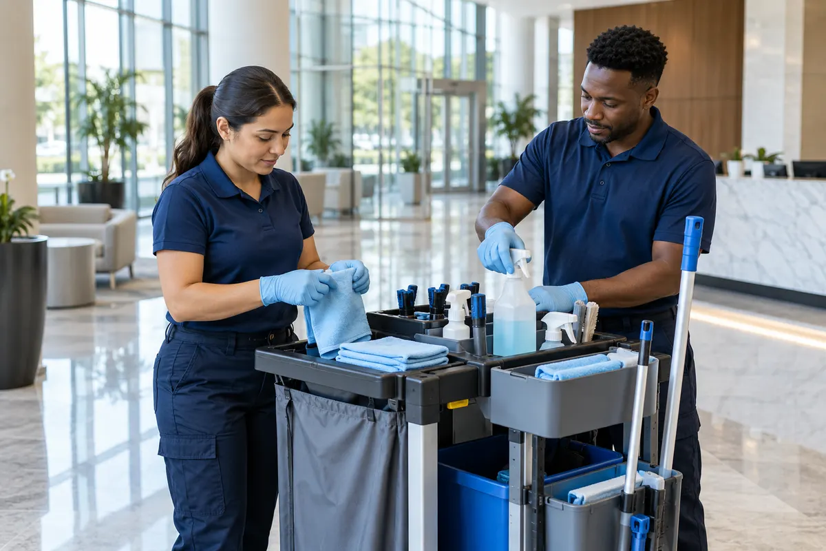Two cleaners prepare equipment in a modern office lobby.