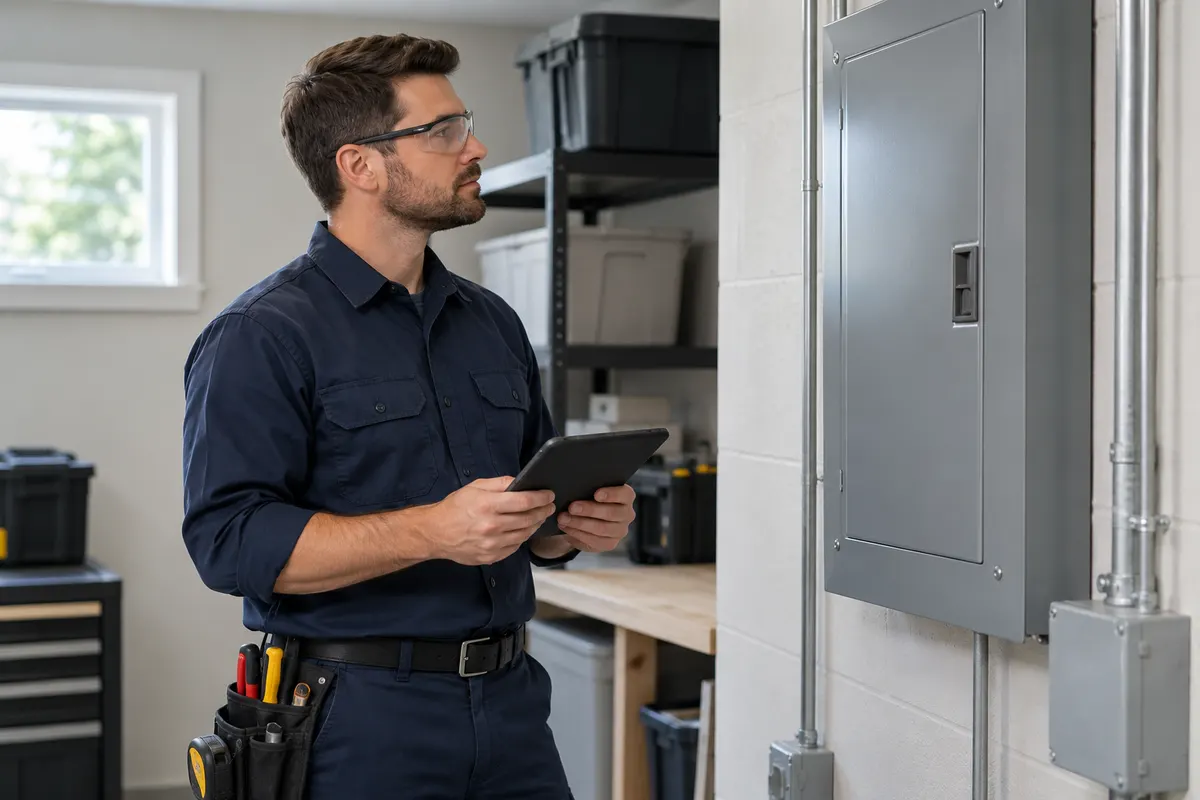 An electrician reviews a closed electrical panel with a tablet.