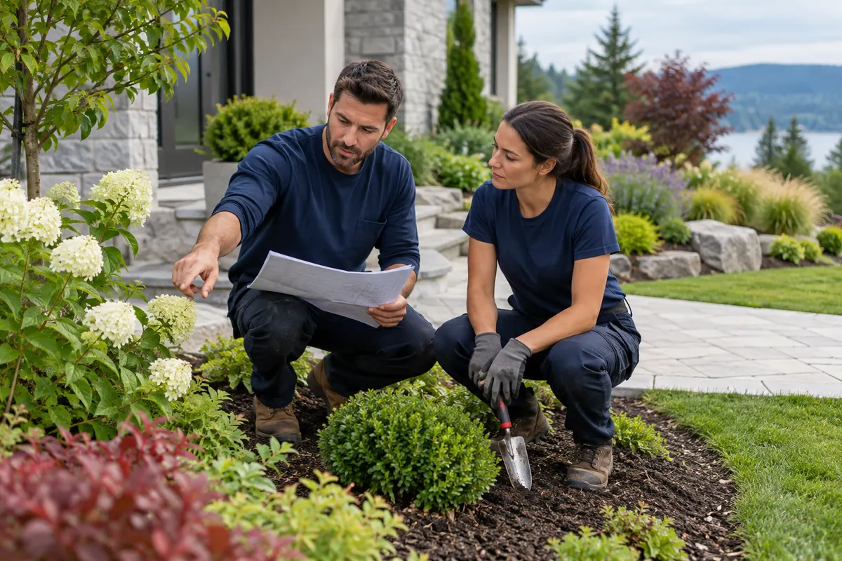 A landscaping crew reviews a garden planting bed.