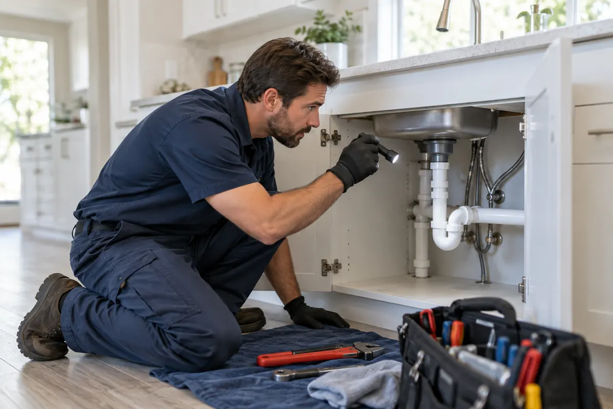 A plumber inspects pipework in an open kitchen cabinet.